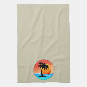 Sunset Palm Tree In Circle on Cream Tea Towel