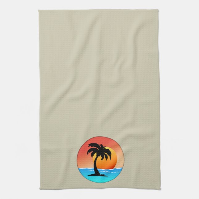 Sunset Palm Tree In Circle on Cream Tea Towel (Vertical)