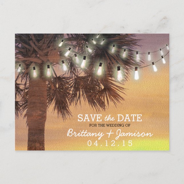 Sunset Palm Tree String Lights Save the Date Announcement Postcard (Front)