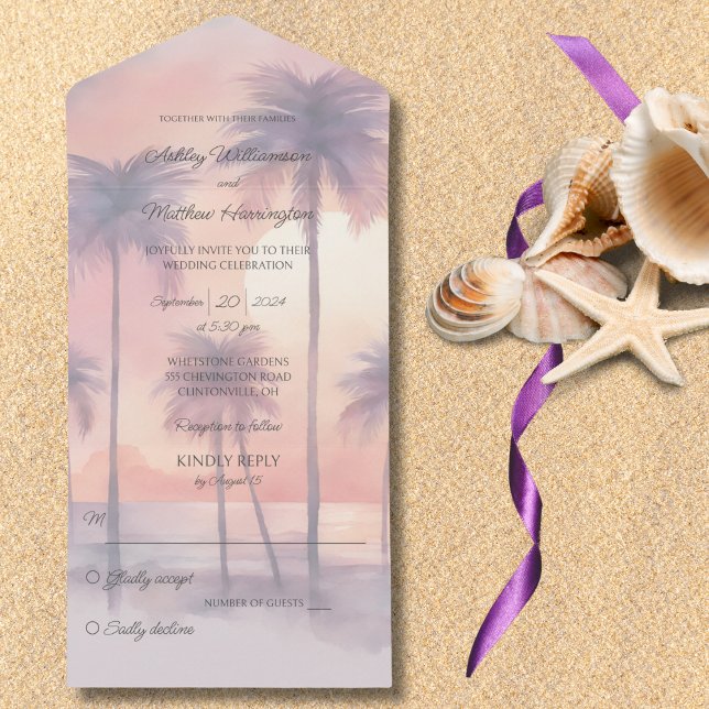 Sunset & Palm Trees All in One Wedding Invite (Also available with QR code. )