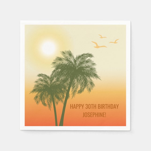 Sunset Palm Trees And Birds Tropical Birthday Napkin (Front)
