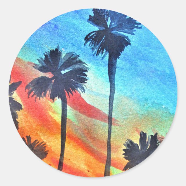 Sunset Palm trees beach surf art Classic Round Sticker (Front)