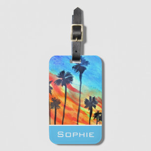 Sunset Palm trees beach surf art Luggage Tag
