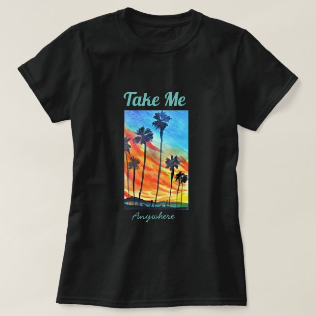 Sunset Palm trees beach surf art T-Shirt (Design Front)