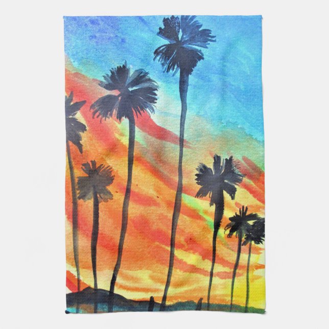 Sunset Palm trees beach surf art Tea Towel (Vertical)