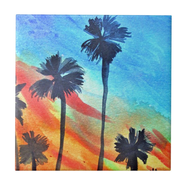 Sunset Palm trees beach surf art Tile (Front)