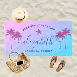 Sunset Palm Trees Blue Girls Vacation Custom Beach Towel<br><div class="desc">Personalised beach towel design for a girls' beach vacation getaway features a custom first name in modern script writing accented with a starfish and framed by tropical palm trees. Personalise with a name and custom text for the special occasion. Background includes a pretty sunset gradient in violet, purple, and blue...</div>