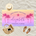 Sunset Palm Trees Custom Purple Girls Vacation Beach Towel<br><div class="desc">Personalised beach towel design for a girls' beach vacation getaway features a custom first name in modern script writing accented with a starfish and framed by tropical palm trees. Personalise with a name and custom text for the special occasion. Background includes a pretty sunset gradient in yellow, coral, pink, violet...</div>
