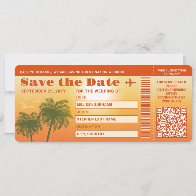 Sunset Palm Trees Faux Boarding Pass Save The Date Invitation (Front)
