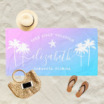Sunset Palm Trees Girls Vacation Custom Name Beach Towel<br><div class="desc">Personalised beach towel design for a girls' beach vacation getaway features a custom first name in modern script writing accented with a starfish and framed by tropical palm trees. Personalise with a name and custom text for the special occasion. Background includes a pretty sunset gradient in bright pink, violet purple,...</div>