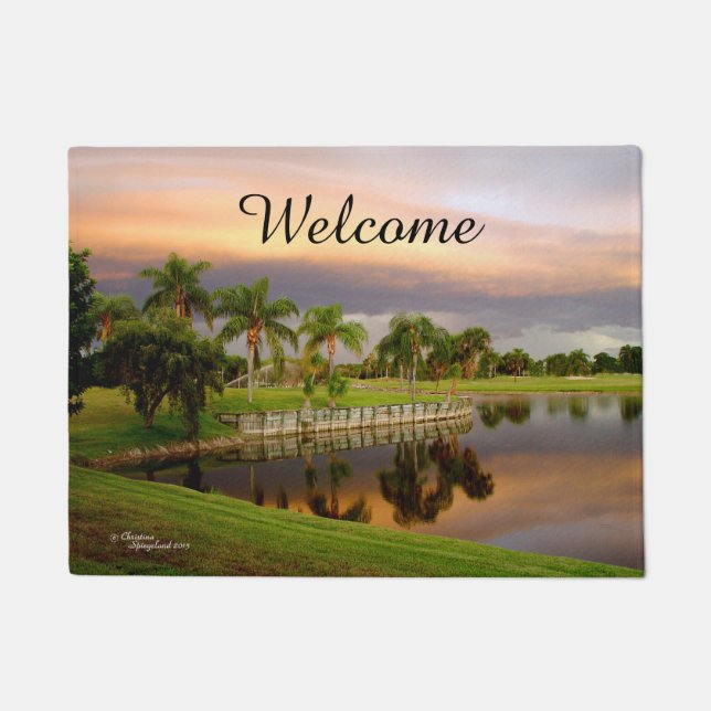 Sunset Palm Trees Lake Doormat (Front)