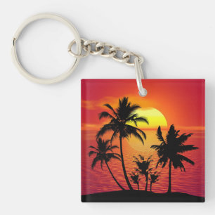 Sunset Palm Trees Silhouette-16514 Key Ring