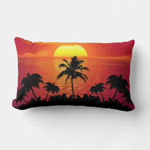Sunset Palm Trees Silhouettes Illustration Lumbar Cushion