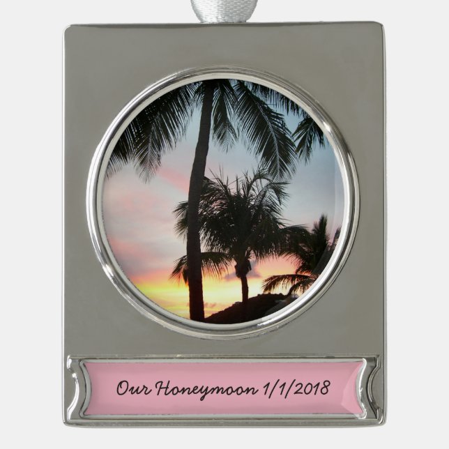 Sunset Palms Tropical Landscape Photography Silver Plated Banner Ornament (Front)