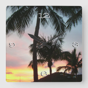 Sunset Palms Tropical Landscape Photography Square Wall Clock