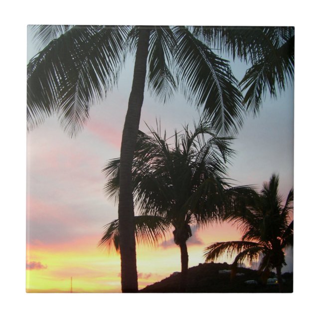 Sunset Palms Tropical Landscape Photography Tile (Front)