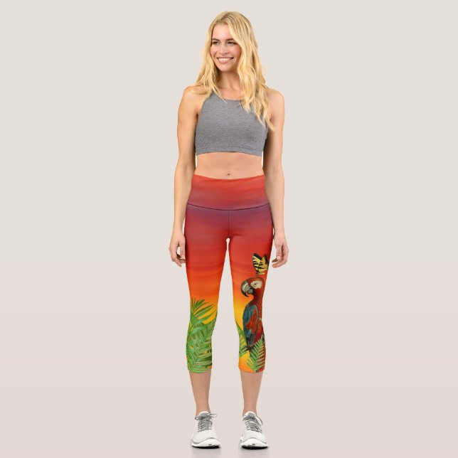 Sunset Parrot and Butterfly   Capri Leggings (Front)