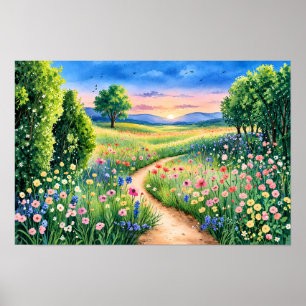 Sunset Path Through a Wildflower Meadow Poster