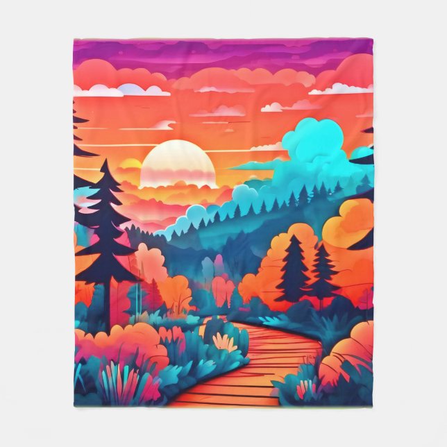 Sunset Path Through Autumn Forest Fleece Blanket (Front)