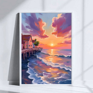 Sunset Pier Ocean Waves Golden Hour Seascape Poster