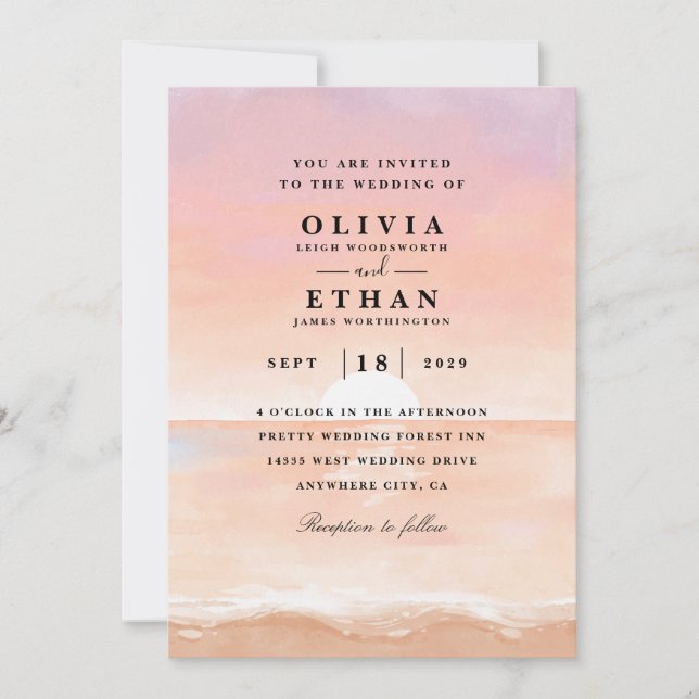 sunset pink beach wedding invitations (Front)