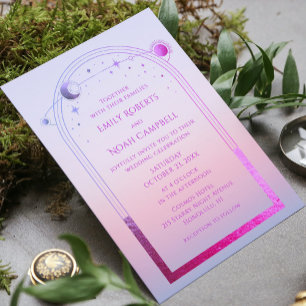 Sunset Pink Celestial Sun Moon Stars Photo Wedding Invitation