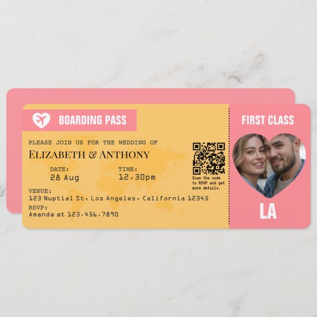 Sunset Pink & Goldenrod Boarding Pass Wedding Invitation (Front/Back)