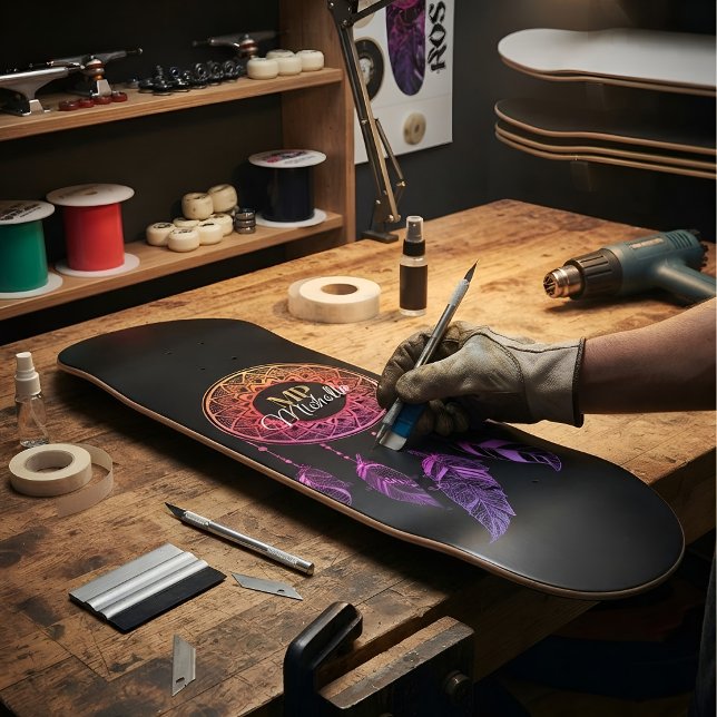 Sunset Pink & Purple Boho Dreamcatcher Custom Name Skateboard (Creator Uploaded)