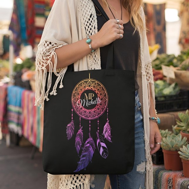 Sunset Pink & Purple Boho Dreamcatcher Custom Name Tote Bag (Creator Uploaded)