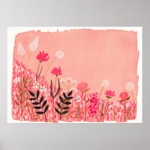 Sunset Pink Wild Field Artist Watercolor Painting Poster