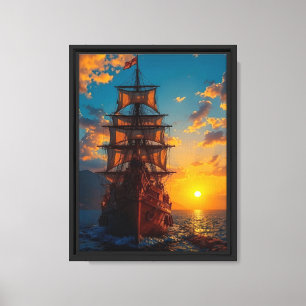 Sunset Pirate Ship Canvas Wall Art Print