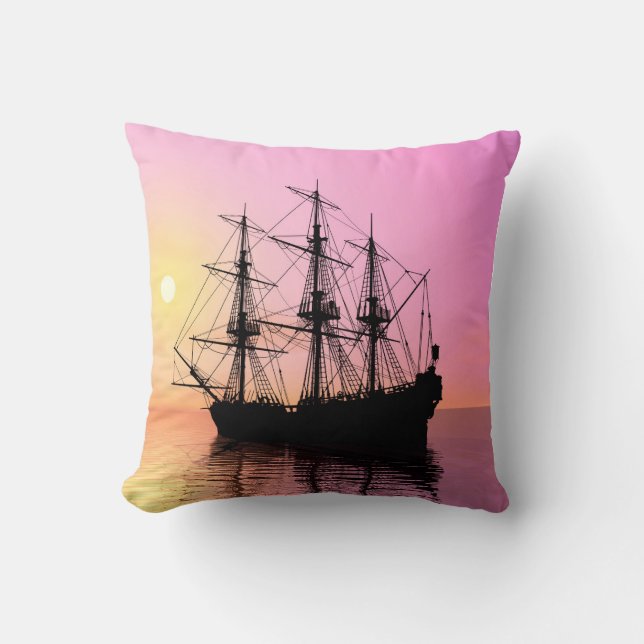 Sunset, pirate ship in quiet waters. cushion (Front)