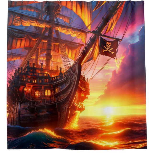 Sunset Pirate Ship Shower Curtain (Front)