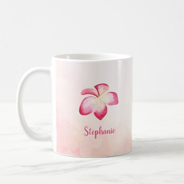 Sunset Plumeria Pink Watercolor Coffee Mug (Left)