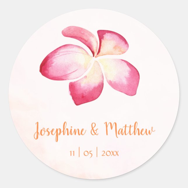Sunset Plumeria Pink Watercolor Wedding Stickers (Front)