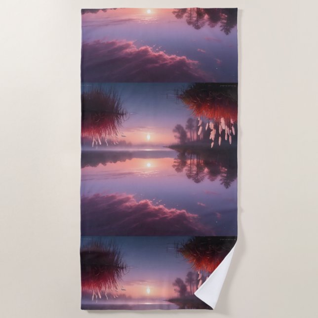 Sunset Purple Lake Landscape Three Beach Towel (Front)