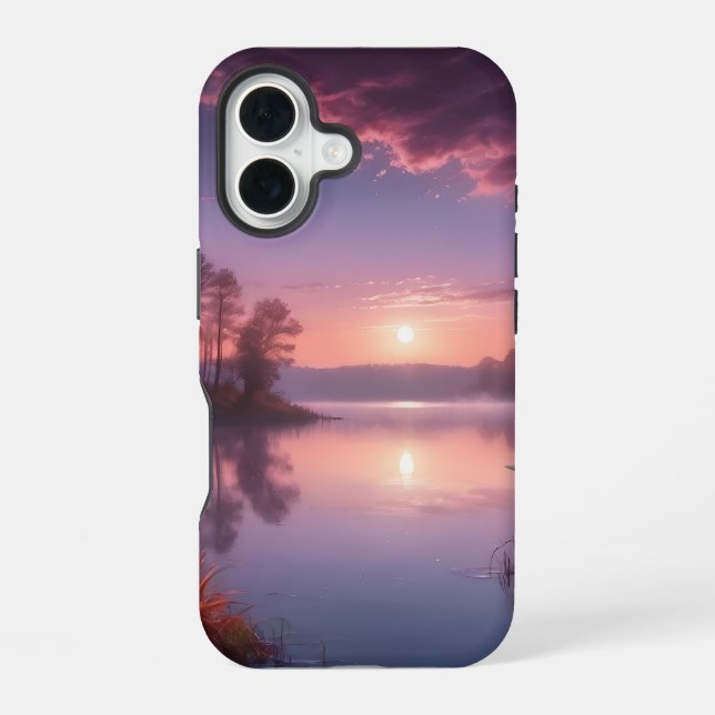Sunset Purple Lake Landscape Three iPhone 16 Case (Back)