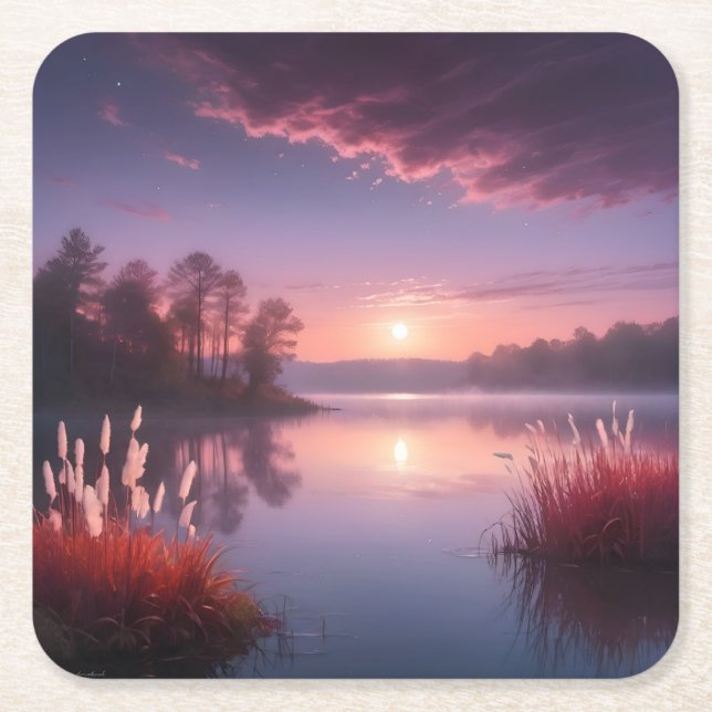 Sunset Purple Lake Landscape Three Square Paper Coaster (Front)