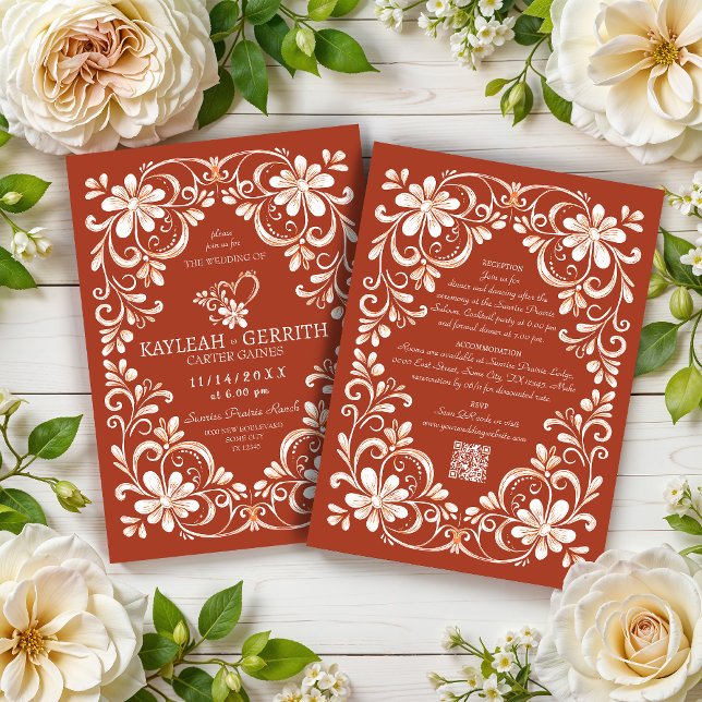 Sunset Red Rust Shabby Chic QR Wedding Invitation (Creator Uploaded)