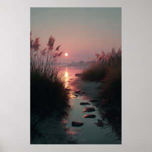 Sunset Reeds Stream Coastal Path Glow Poster