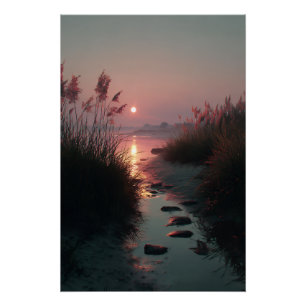 Sunset Reeds Stream Coastal Path Glow Poster