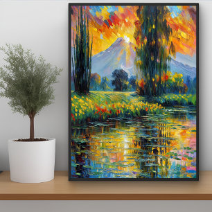 Sunset Reflection Vibrant Landscape Impressionism  Poster