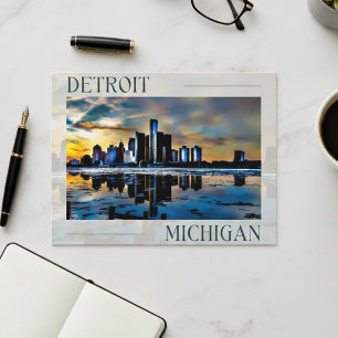 Sunset Reflections: Detroit Skyline Postcard