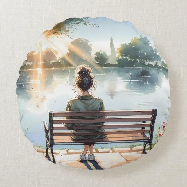 Sunset Reflections Lake Scene Round Cushion (Front)