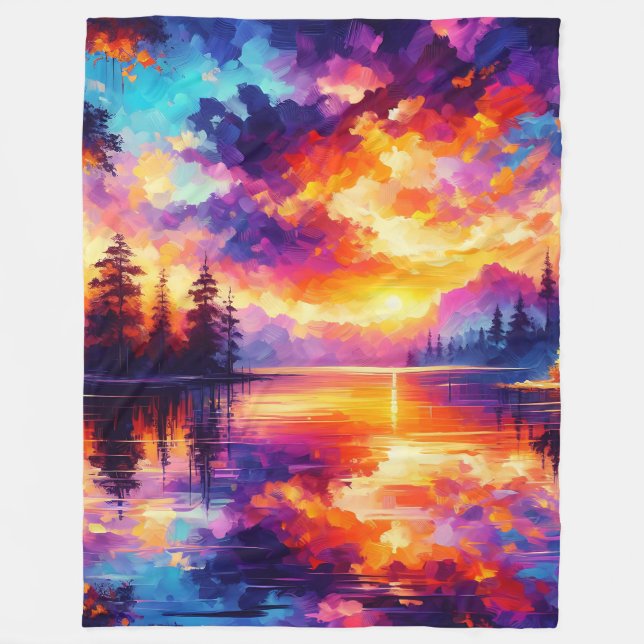 “Sunset Reflections: Serene Lake Landscape” Fleece Blanket (Front)