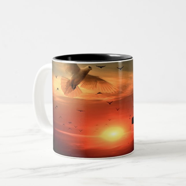 Sunset Resurrection Dove and Cross Two-Tone Coffee Mug (Front Left)