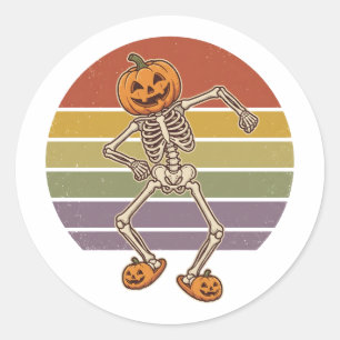Sunset Retro Dancing Skeleton Halloween Classic Round Sticker