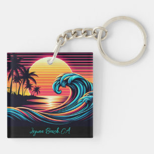 Sunset Retro Surf Wave- Key Ring