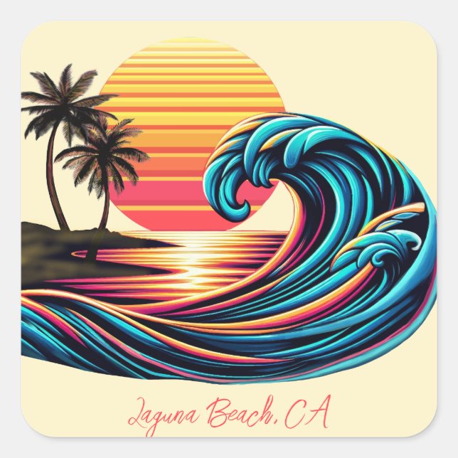 Sunset Retro Surf Wave Square Sticker (Front)