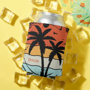 Sunset Retro Vintage Beach Palm Tree Can Cooler